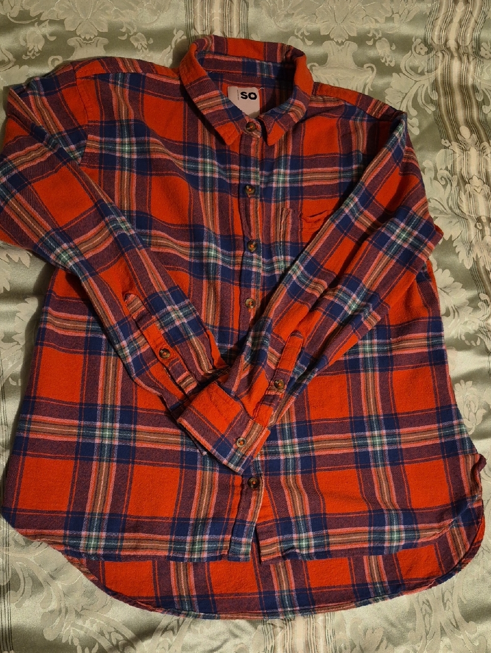 SO Orange and Blue Plaid Button-Front Men's Shirt